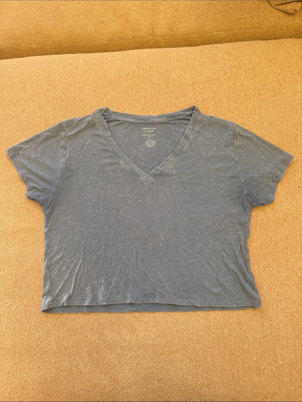 American Eagle Outfitters Women's M Faded Ribbed Blue V-Neck Crop Tee